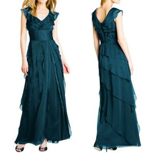 Adrianna Papell Satin Maxi Gown Dress Size 4P Teal Blue Tiered Ruffle Pleated
